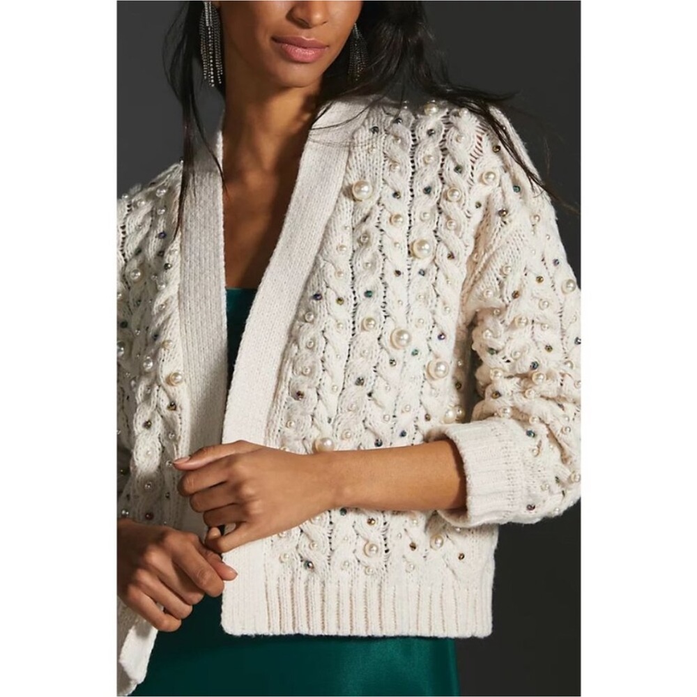 Anthropologie Maeve Embellished Cardigan One Size Cream Pearls - Picture 2 of 14